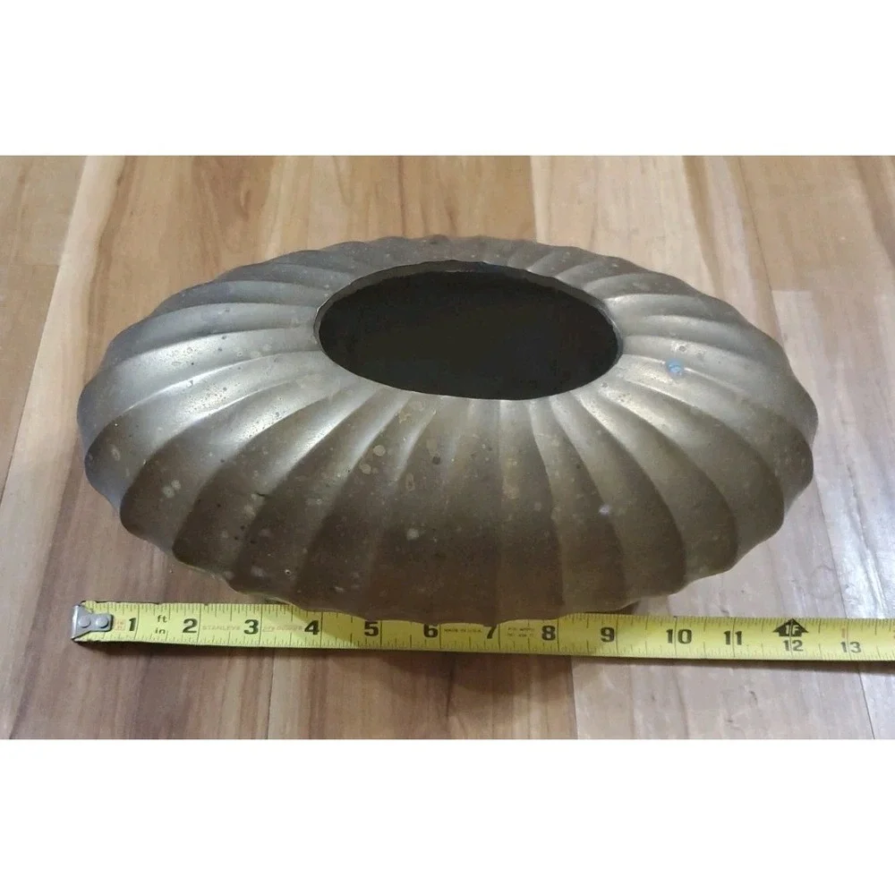 Vintage Solid Brass Oval Ribbed Scallop Vase Planter Decor 12